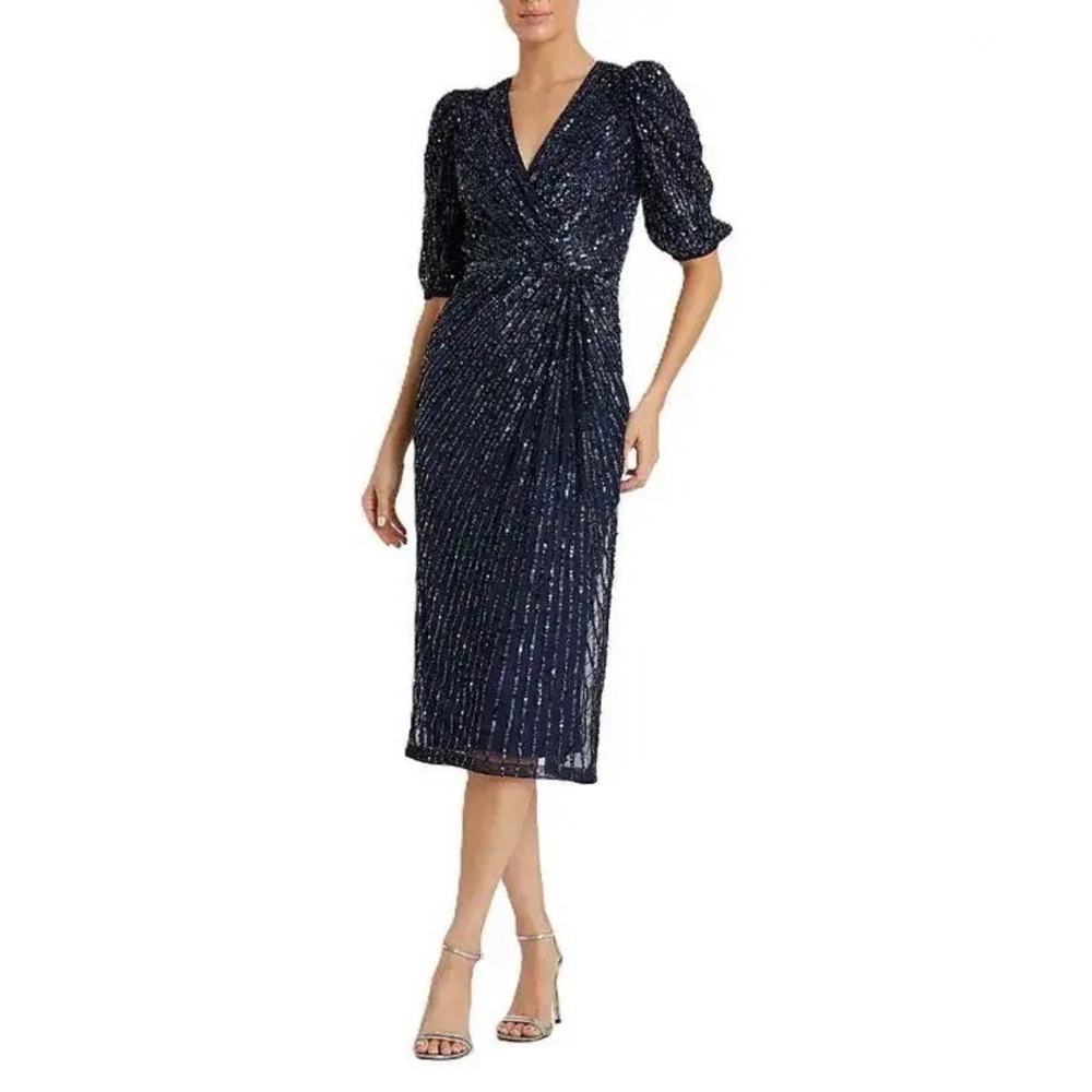 Mac Duggal Navy Sequin Stripe Midi Dress V-Neck Puff Sleeve Formal Cocktail Sz 6
